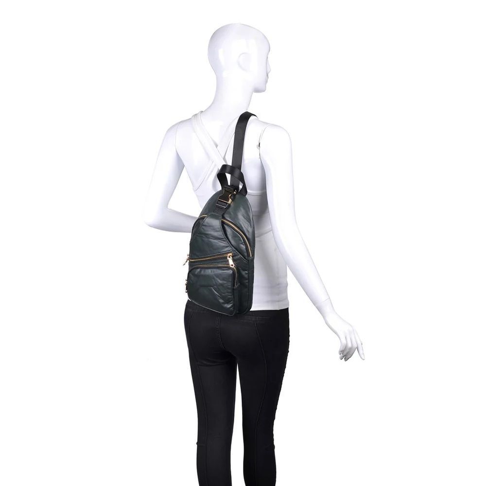 Sol and Solene on the Go Sling Backpack Dark Green with Gold Metal Accents